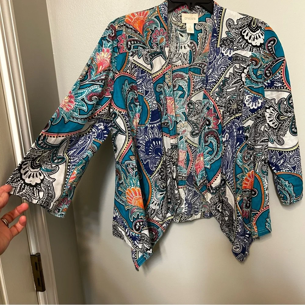 Chicos Linen Jacket Womens 1 US Blue Paisley Open‎ Front 3/4 Sleeves Lagenlook